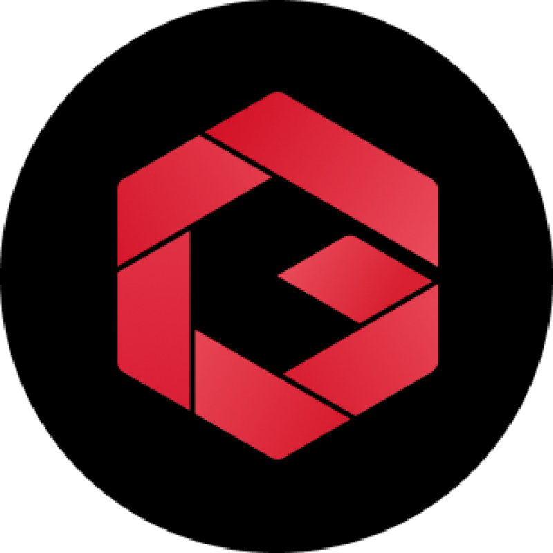 A red stylized hexagon design on a black background.
