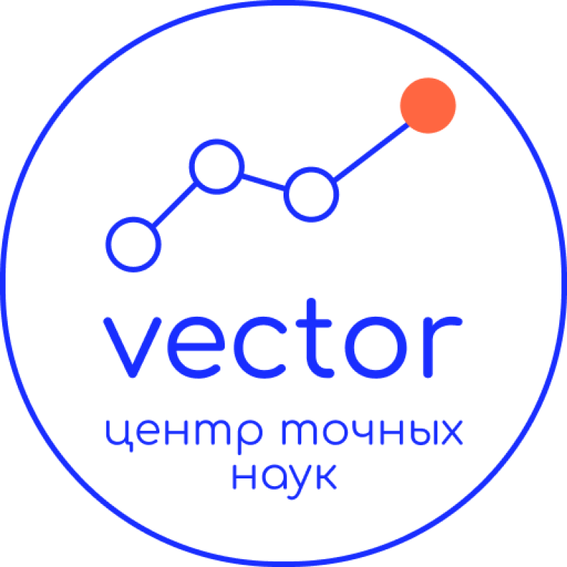 The logo features a blue line graph with black nodes and a red node at the end, above the blue text "vector центр точных наук" on a black background, encircled by a blue border.