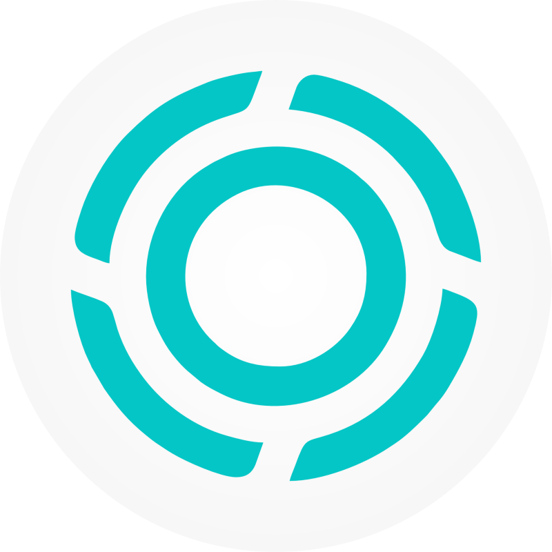 The image features a circular logo with a white background and a turquoise design. The design consists of three concentric circles with breaks in their circumference, resembling a stylized target or abstract symbol.