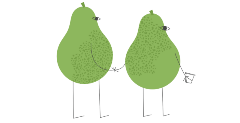 Two cartoon pears with faces are holding hands, and one is holding a small bucket.