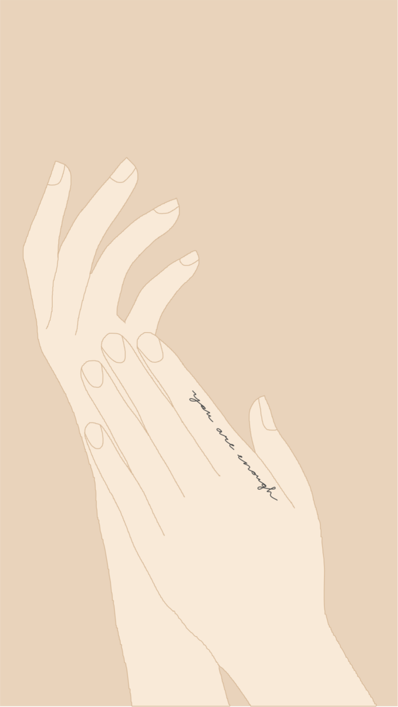 An illustration shows two hands with light-brown skin against a beige background, one hand slightly overlapping the other, and the text "you are enough" tattooed on the side of a finger.