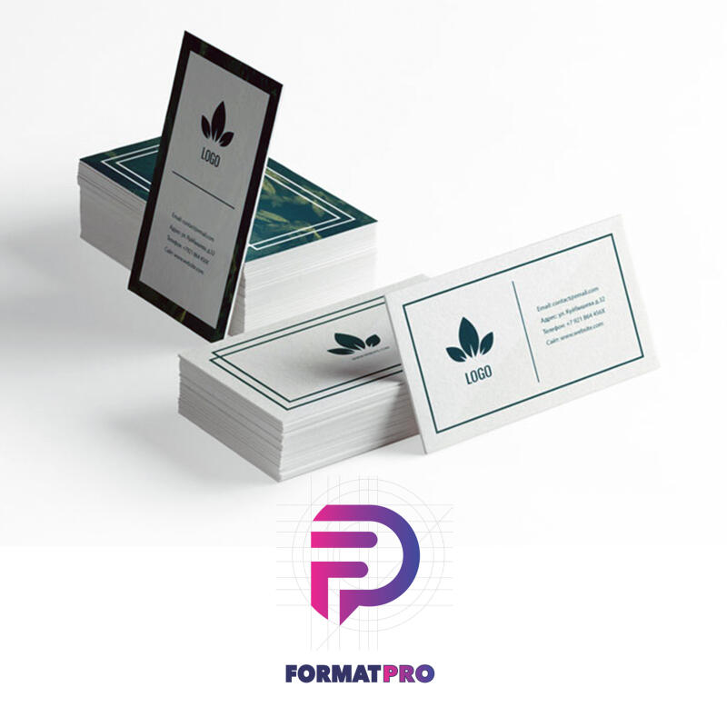 Several stacks of business cards are arranged against a white background, featuring a leaf-shaped logo and contact information, with the 'FORMATPRO' logo at the bottom.