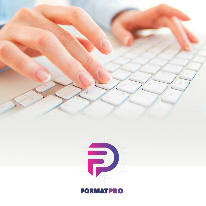 A hand types on a white keyboard, with the 'FORMATPRO' logo displayed below, featuring a stylized purple and pink design.