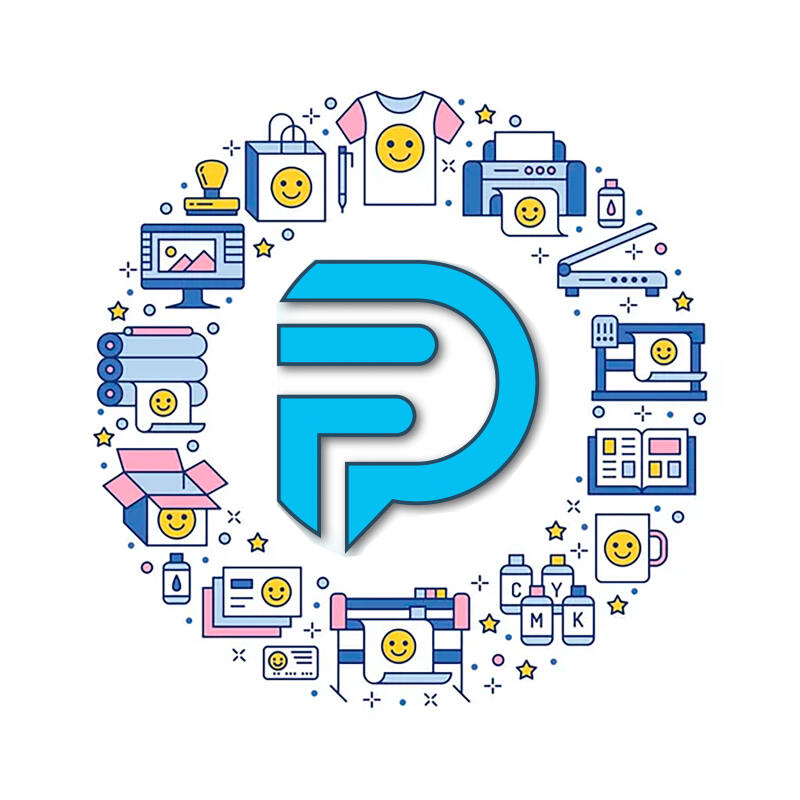 The image features a stylized blue letter 'P' logo in the center, surrounded by illustrations of printing-related items like a printer, t-shirt, mug, and ink bottles, all arranged in a circular pattern.