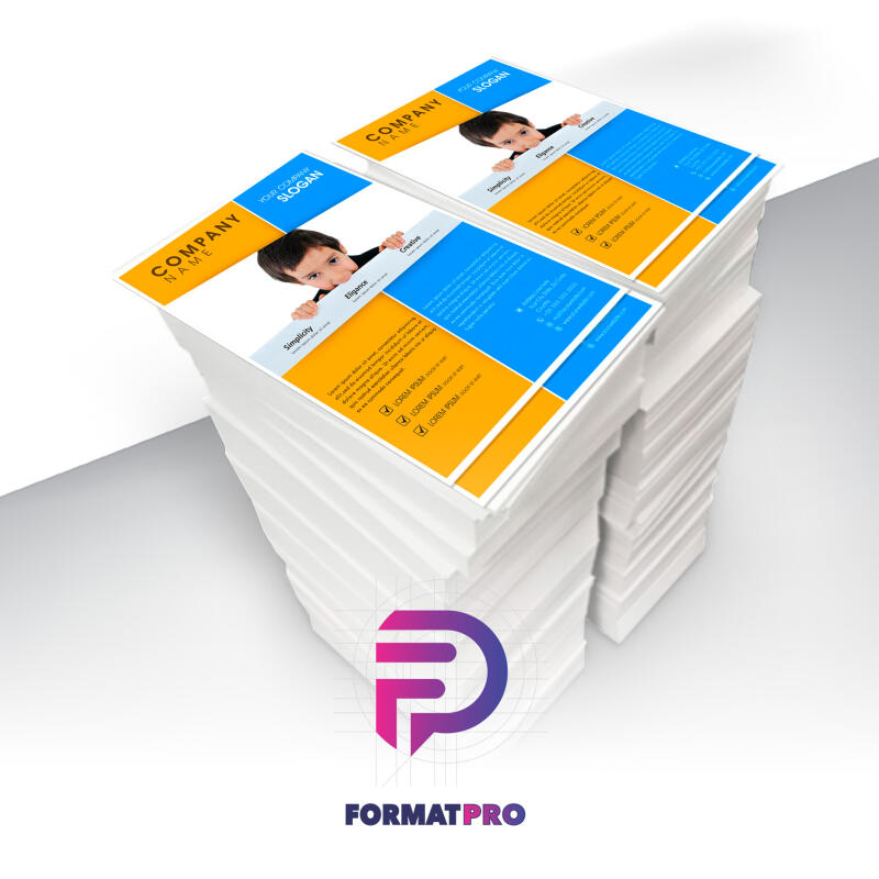 Two stacks of printed flyers are shown, with the FormatPro logo at the bottom; the flyers have a blue and orange design with a photo of a child and text, including 'COMPANY NAME', 'SLOGAN', and 'LOREM IPSUM'.