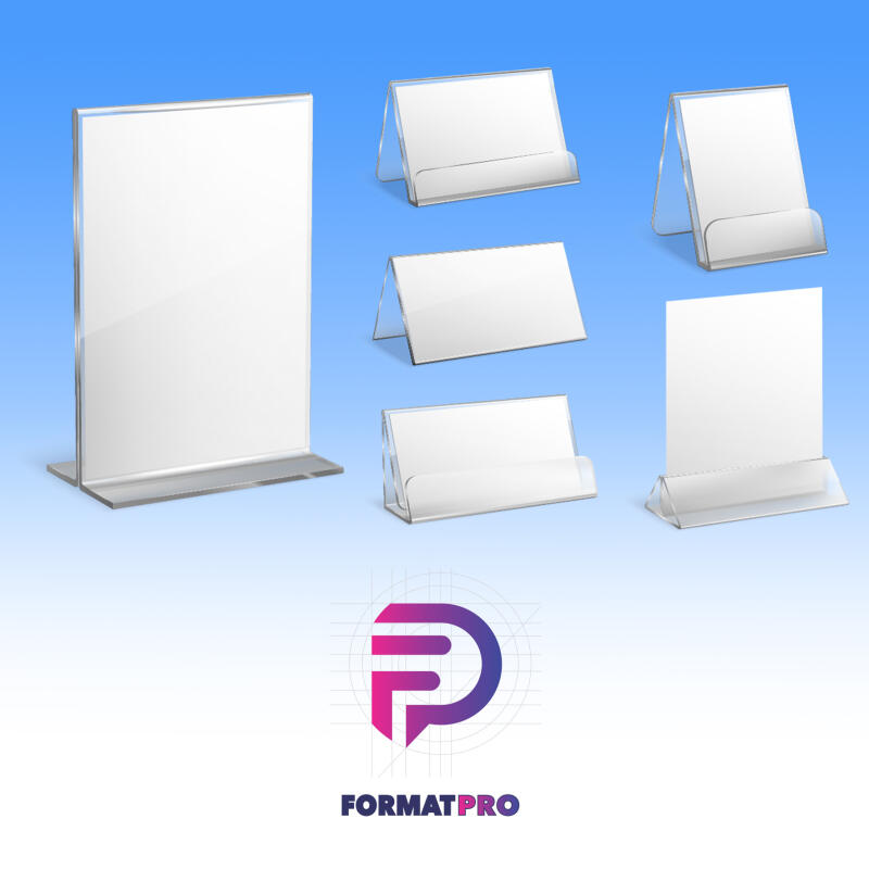 The image displays a collection of clear acrylic sign holders in various sizes and orientations, set against a gradient blue background, with the FORMATPRO logo at the bottom.