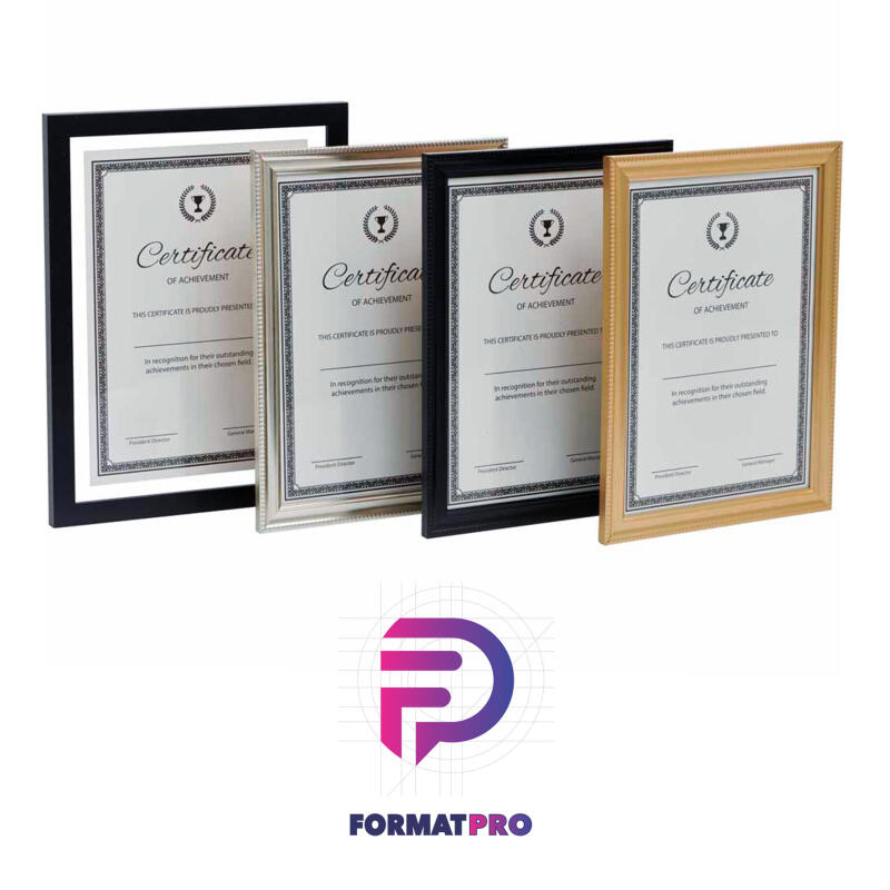The image shows four framed certificates of achievement, each with a different colored frame: black, silver, dark brown, and light brown. The certificates feature a laurel wreath graphic at the top, and the text "Certificate of Achievement" is prominently displayed.