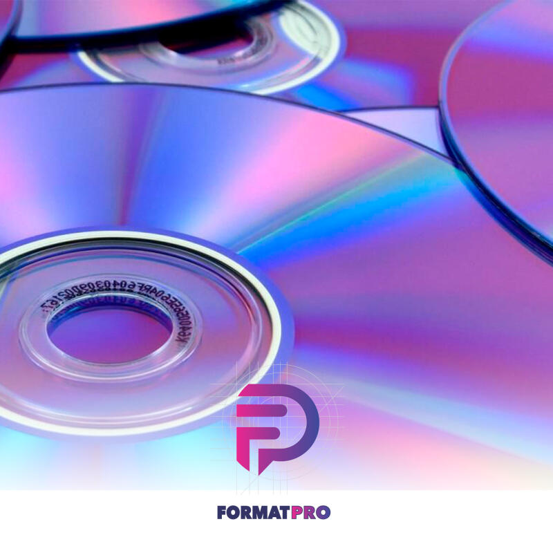 The image shows a stack of compact discs with a purple and blue hue, and the Format Pro logo at the bottom.