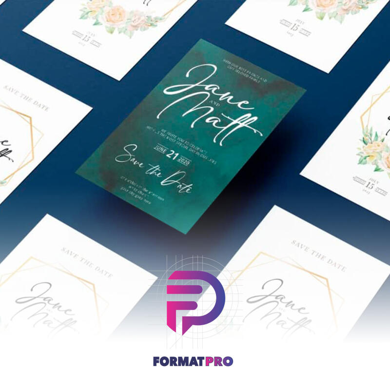 Several wedding invitation cards with the inscription "Save the Date", with different designs, are scattered on a dark blue surface, along with the FormatPro logo.