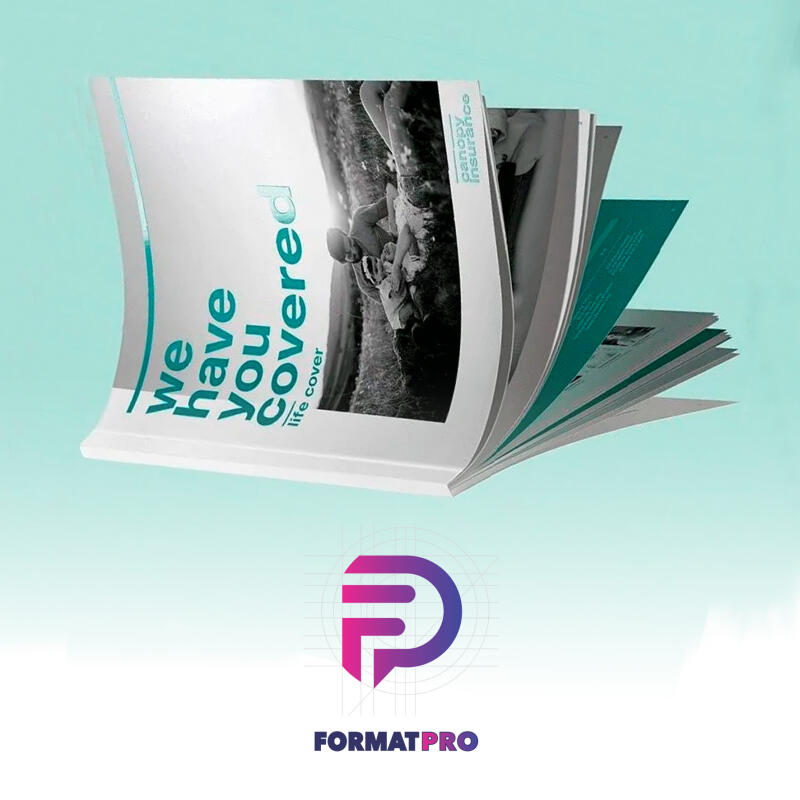 The image features an open brochure with a cover that reads "We have you Covered life cover" along with a grayscale image of a family, and the text "canopy insurance". Below the brochure is a logo with the text "FORMATPRO". The background is a light teal color.