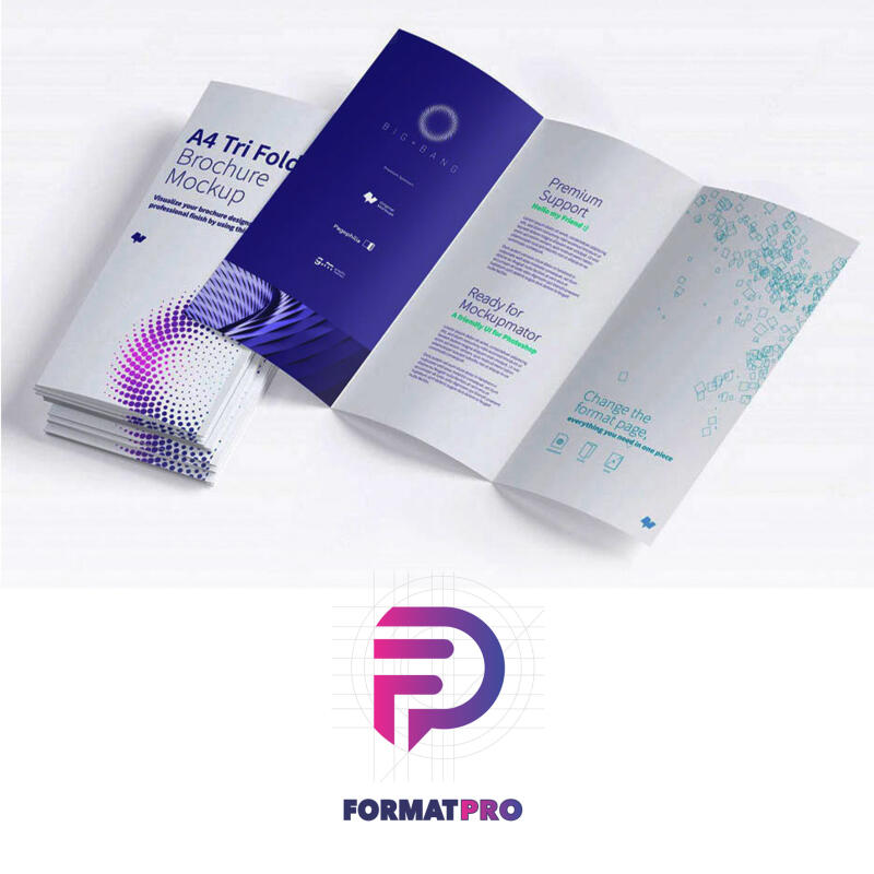 The image shows a stack of A4 tri-fold brochure mockups with a purple and white cover design, alongside an open brochure featuring a dark blue interior with the text 'BIG BANG' and white text on the other pages, with the 'FORMATPRO' logo at the bottom.