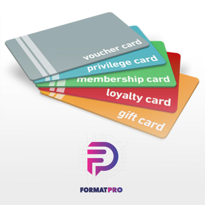 The image displays a stack of five cards with different colors: gray, turquoise, green, red, and orange. The cards are labeled as 'voucher card,' 'privilege card,' 'membership card,' 'loyalty card,' and 'gift card,' respectively, and below the cards is a logo with the text 'FORMATPRO'.