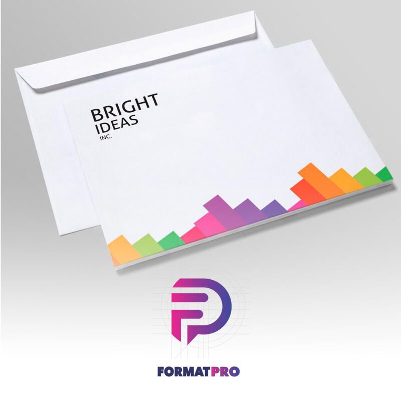 Two white envelopes are angled on a white surface, one stacked on top of the other, and both displaying a colorful geometric design along the bottom edge and the text "BRIGHT IDEAS INC." in the upper-left corner.