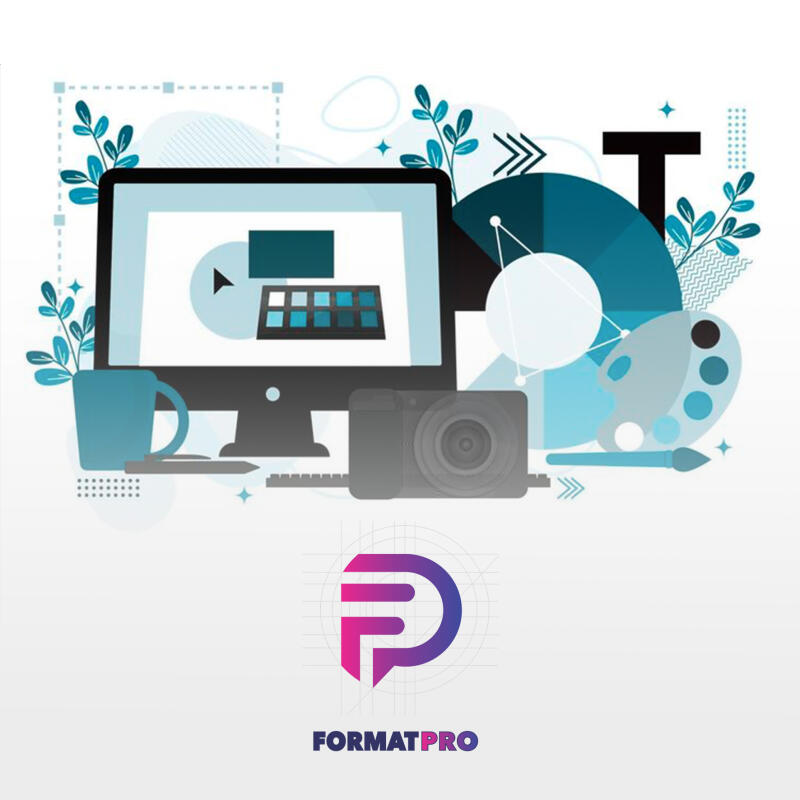 The image shows a digital workspace illustration with a computer, camera, palette, and coffee mug, along with the logo and text "FORMATPRO".