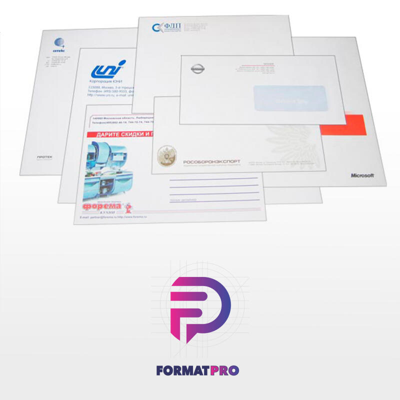 The image shows a collection of corporate stationery, including letterheads and envelopes from various companies such as Microsoft, Rosoboronexport, and others, along with the FormatPro logo at the bottom.