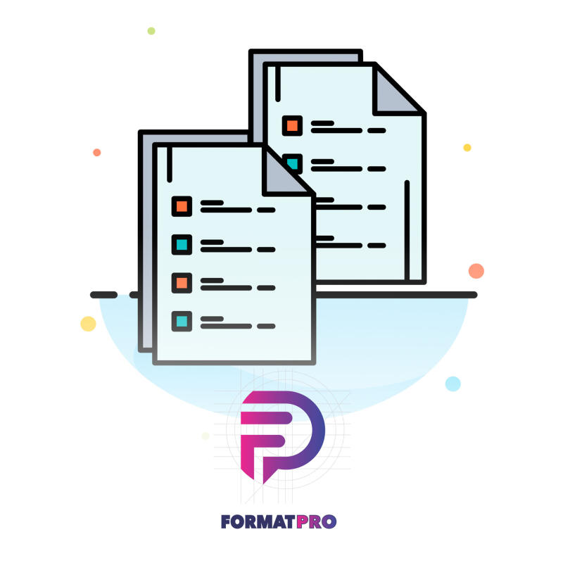 The image shows two document icons with check boxes and text lines, above a company logo with the text "FORMATPRO".