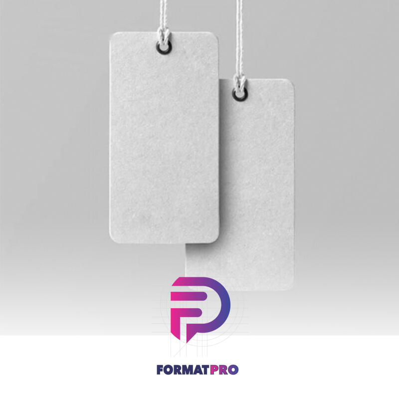 Two blank white tags hang from white strings above a logo for Formatpro.