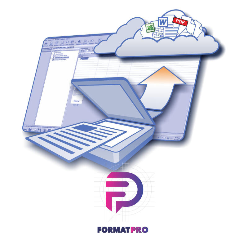 The image features a scanner, a cloud containing file icons (Word, Excel, PDF), and an upward-pointing arrow, suggesting document conversion or uploading to the cloud, with the text "FORMATPRO" below a stylized logo.