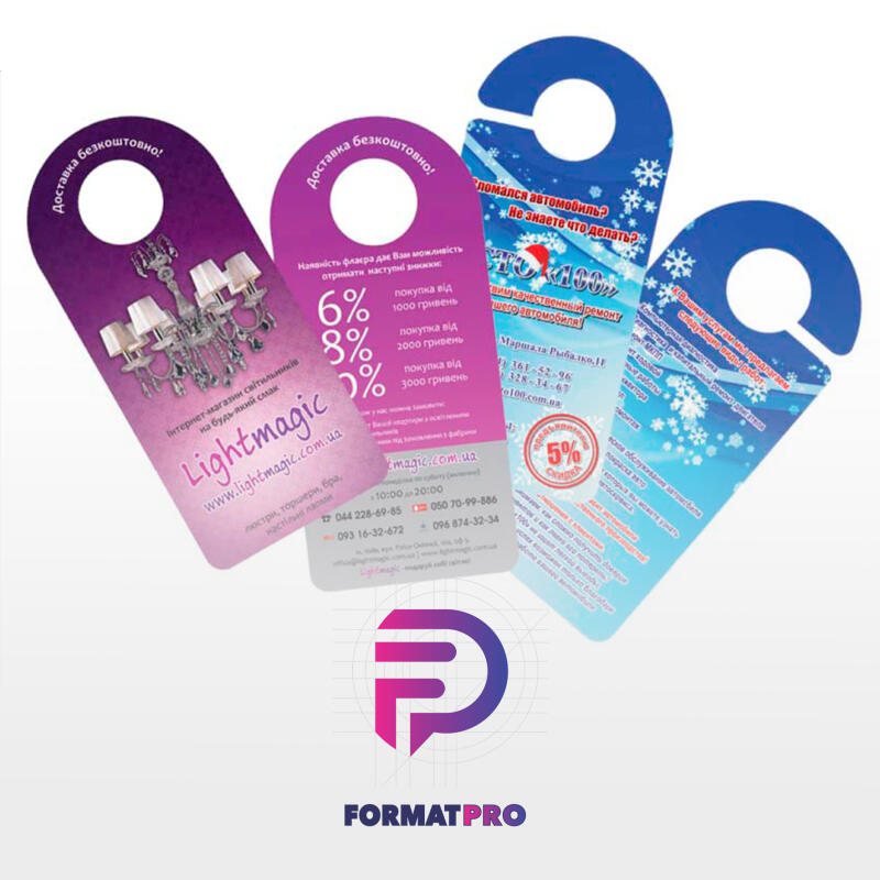 The image shows three door hangers with different designs and information: one with a chandelier and the text "Lightmagic," advertising lighting fixtures; another with discount percentages; and a third advertising car repair services with snowflakes as a design element.