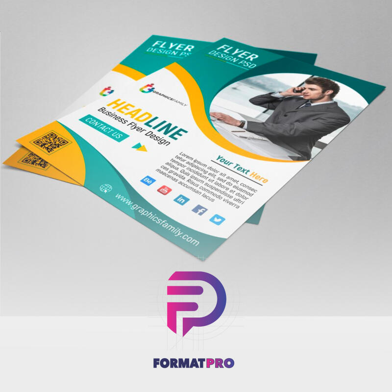 Two business flyer templates are displayed, featuring a modern design with teal and yellow accents, a placeholder image of a man on a phone, and sample text including 'HEADLINE Business Flyer Design' and 'Your Text Here'.