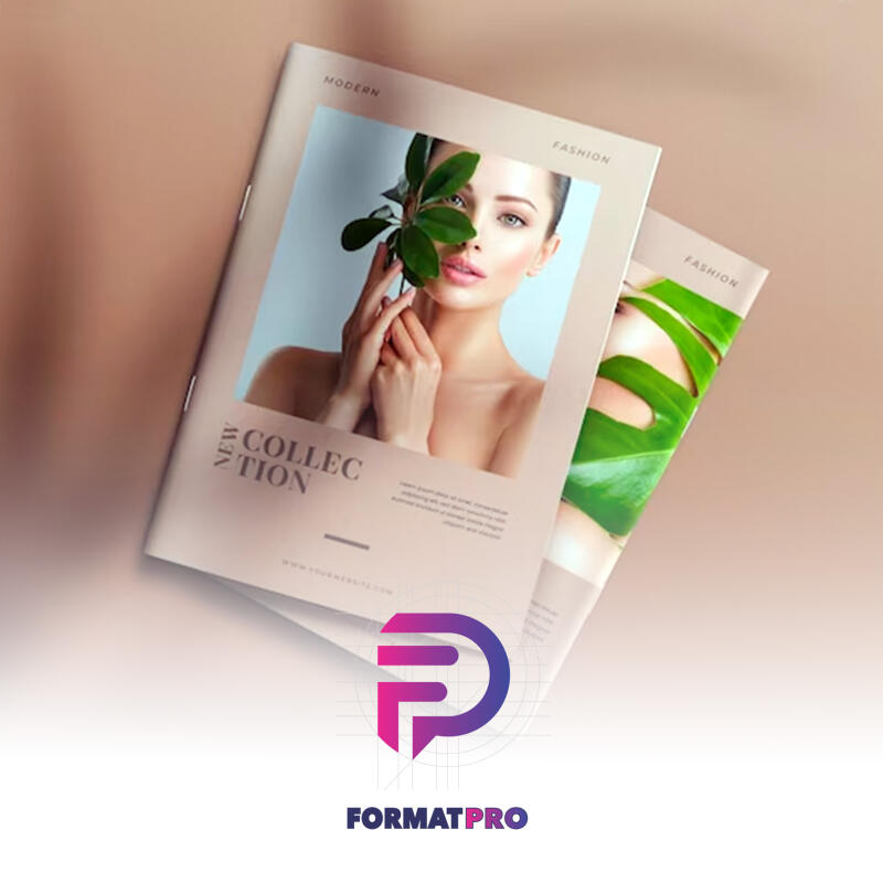 Two fashion brochures are stacked, the top one featuring a woman holding a green leafy branch near her face, with text reading 'NEW COLLECTION, MODERN FASHION,' and a website address.
