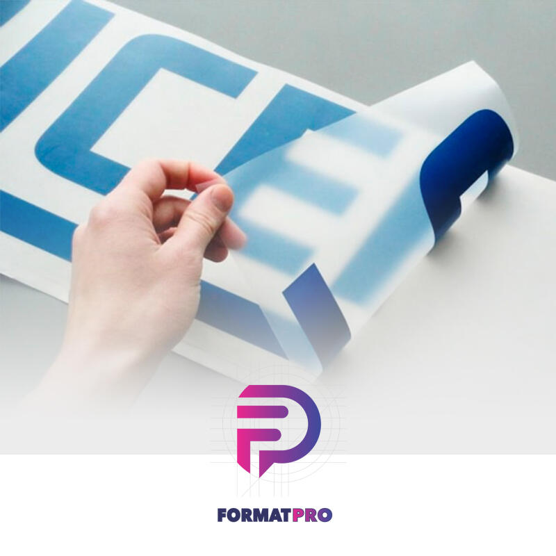 A hand peels a protective layer from a white surface with blue lettering, revealing parts of the letters. The text 'FORMATPRO' appears at the bottom.