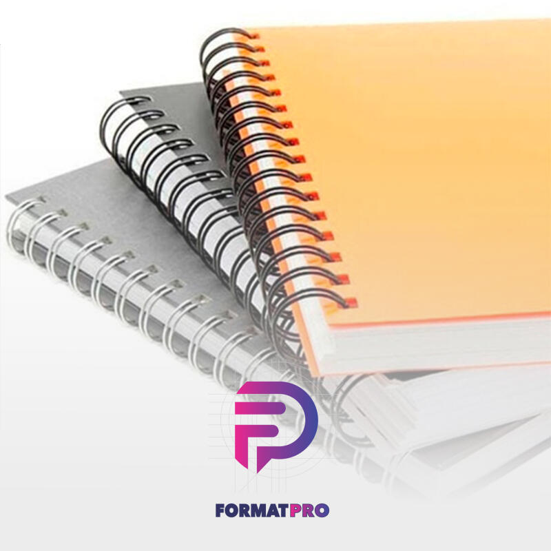 The image features three spiral-bound notebooks stacked on top of each other, with the bottom one being gray, the middle one having a black spiral, and the top one being orange; the FormatPro logo is at the bottom.