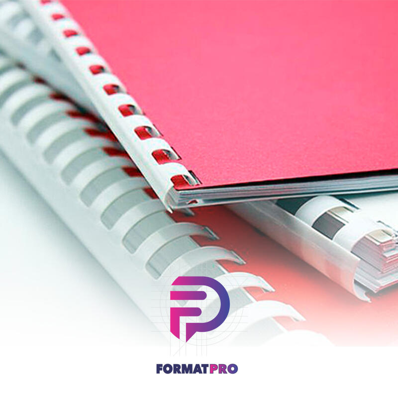 The image shows two bound documents, one with a red cover and the other with a stack of white pages, both using white plastic comb bindings, with the FORMATPRO logo at the bottom.