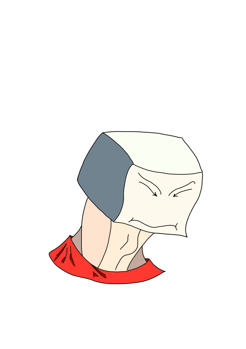 An illustration features a stylized figure with a gray and white cube-shaped head, a beige neck, and a red collar.