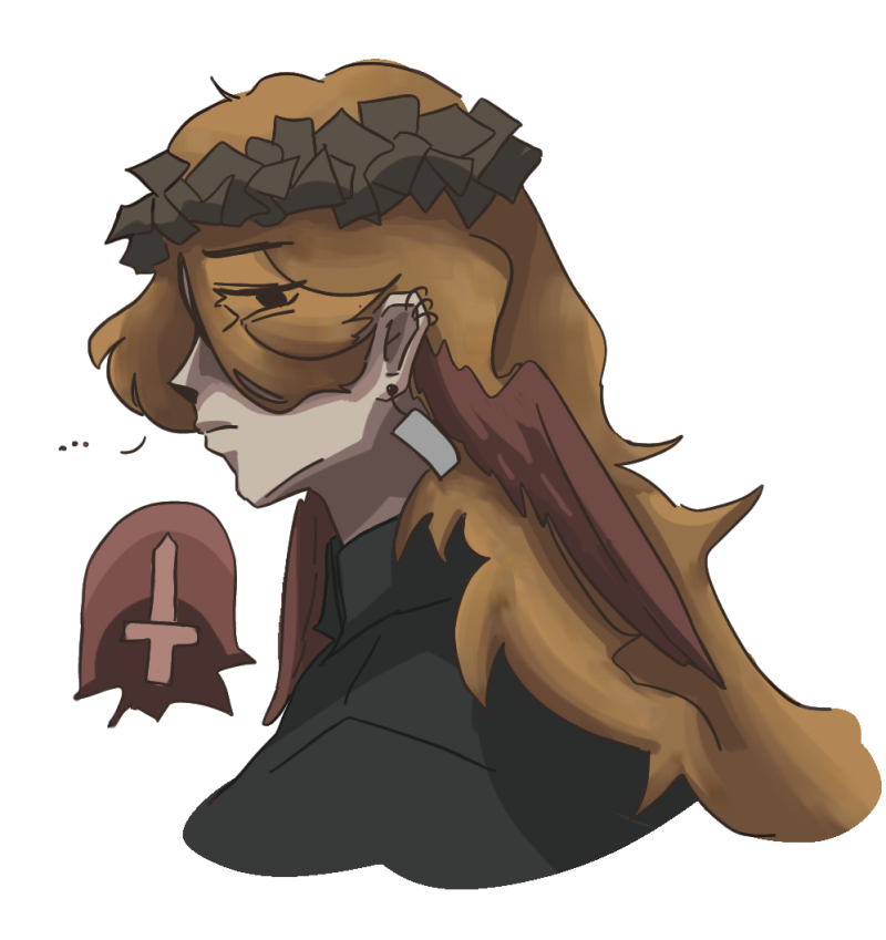 A digital drawing depicts a person with long, light-brown hair wearing a crown of dark triangles, earrings, and a black shirt, with a red stylized icon of a sword to the left.