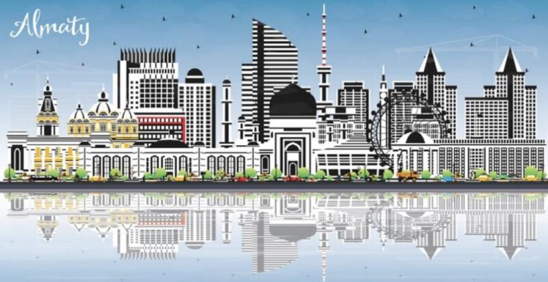 A cityscape illustration of Almaty with various buildings, a Ferris wheel, and the Almaty Tower is reflected in the water below.