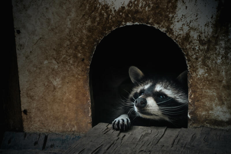 A raccoon peers out from a dark den with its paw resting on the wooden ledge.
