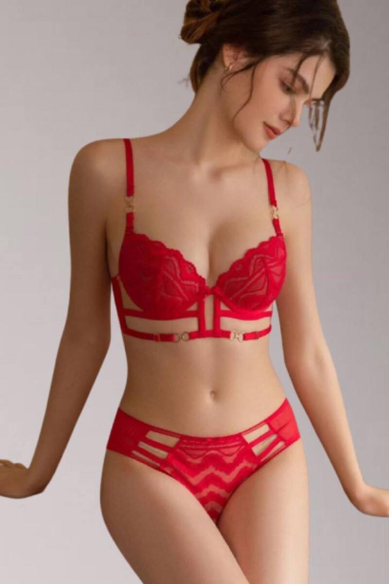 A woman is wearing a red lace lingerie set consisting of a bra with straps and decorative rings, and matching panties with cutouts and a zigzag pattern.