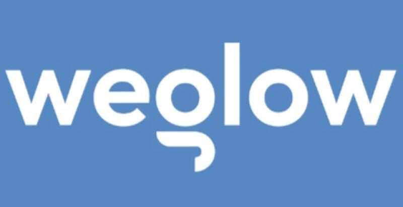 The image shows the white "weglow" logo on a light blue background.