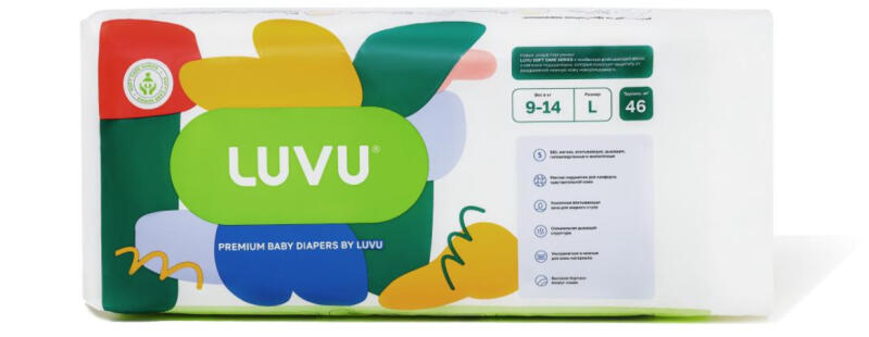 A package of LUVU Premium Baby Diapers, size L, for 9-14 kg babies, with 46 diapers inside.