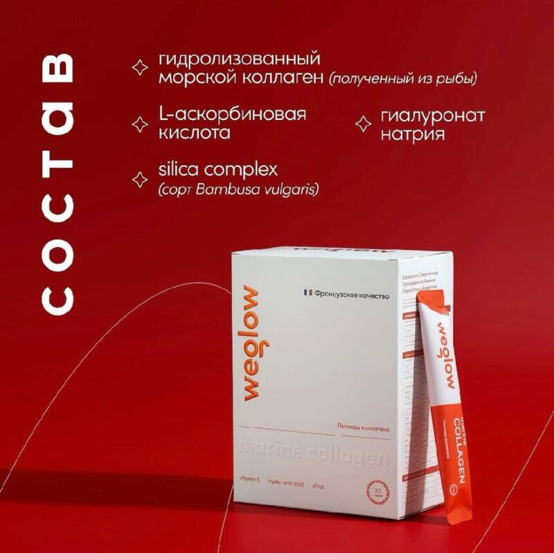 The image shows the ingredients of a marine collagen product by weglow, including hydrolyzed marine collagen, L-ascorbic acid, sodium hyaluronate, and silica complex (Bambusa vulgaris).