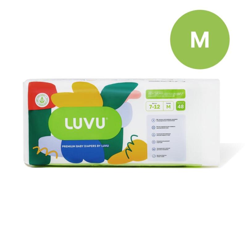 A package of LUVU brand baby diapers, size M (7-12 kg) with 48 pieces, is displayed against a white background, with a green circle containing the letter M in the upper right corner.