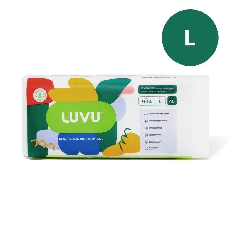 A package of LUVU Premium Baby Diapers in size L, containing 46 diapers, is displayed against a white background. The packaging features green, yellow, red, and blue design elements, along with the LUVU brand name.