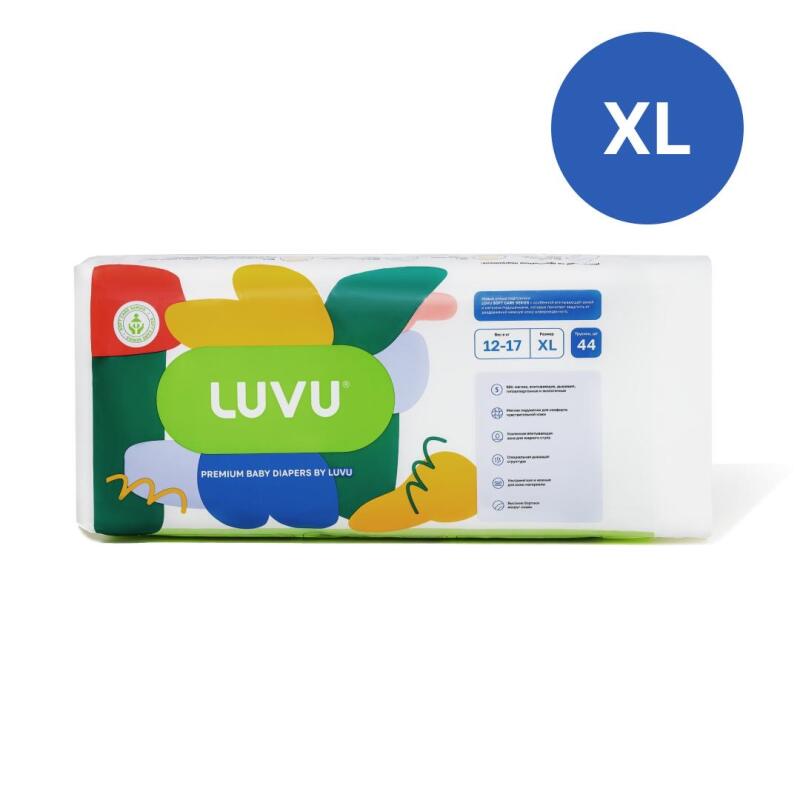 A package of Luvù Premium Baby Diapers by Luvù, marked with the size 'XL' in a blue circle and also on the package, indicating 12-17 kg and containing 44 diapers.