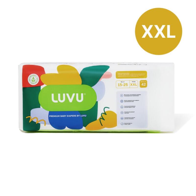 A package of LUVU premium baby diapers in size XXL is displayed, featuring abstract shapes in red, yellow, green, and blue, and the brand name "LUVU" in white on a green oval. The packaging also indicates the diaper count as 42 and the weight range as 15-25 kg, with a yellow circle in the upper right corner highlighting the "XXL" size.