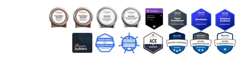 На изображении представлена коллекция цифровых значков, представляющих различные сертификации и достижения в области облачных вычислений и смежных технологий, включая Oracle, AWS, Terraform, Kubernetes, Aviatrix и Microsoft Azure.