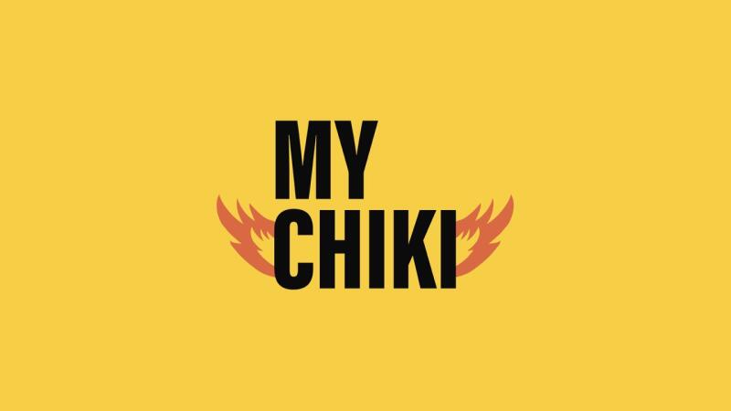 On a yellow background, the text "MY CHIKI" is displayed in bold, black letters, with stylized orange flames extending from either side of the word "CHIKI".