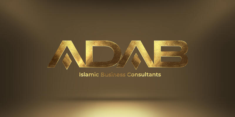 A gold logo with the text "ADAB Islamic Business Consultants" is displayed on a brown background.