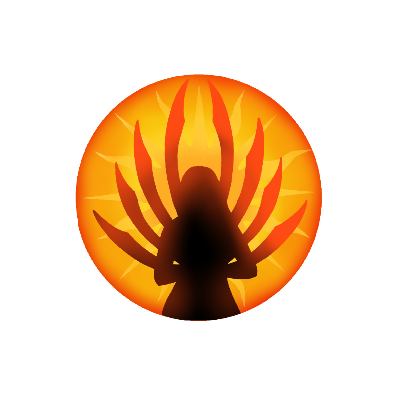 A silhouette of a figure with multiple tails stands against a bright orange and yellow sunburst background.