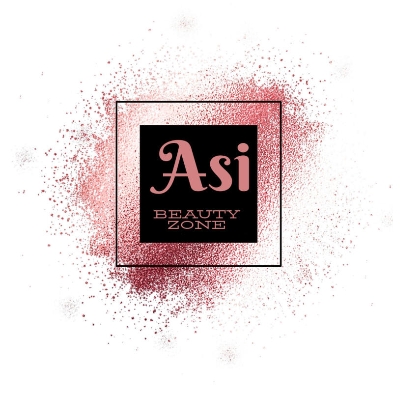 The image shows a logo with the text "Asi BEAUTY ZONE" in a pink serif font, set against a black square, surrounded by a cloud of pink glitter dust and a black square border.