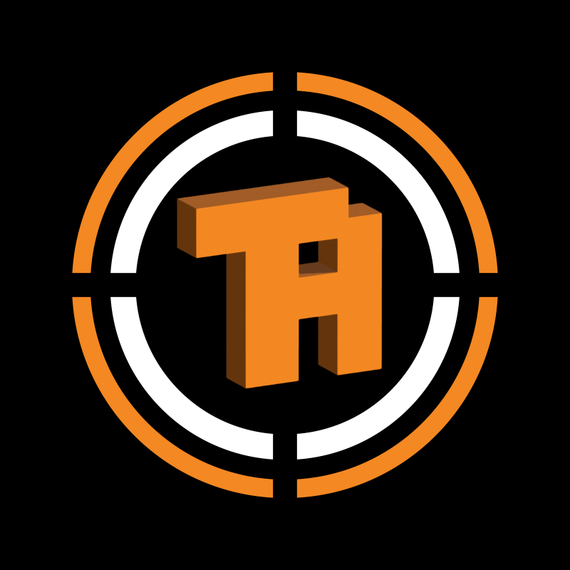 The image features a 3D-rendered, orange logo with the letters 'TA' inside of segmented orange and white circles on a black background.