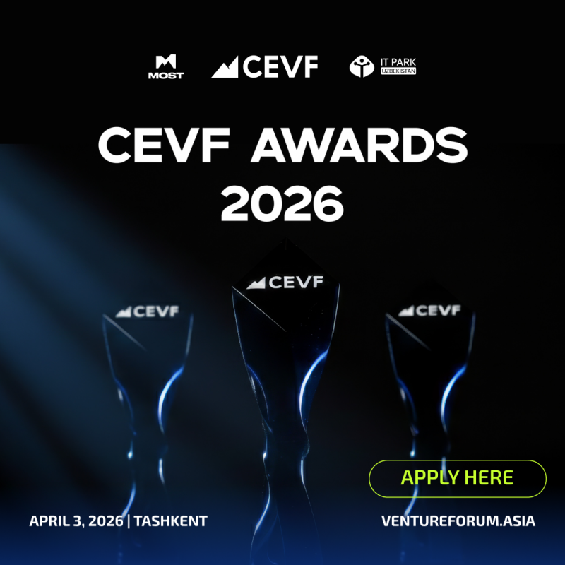 The image is an advertisement for the CEVF Awards 2026, featuring three award trophies and the text 'CEVF AWARDS 2026', 'APRIL 3, 2026 | TASHKENT', and a button that says 'APPLY HERE'.