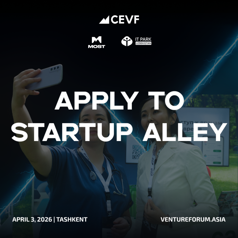 The image promotes "Startup Alley" and features two women taking a selfie; the text reads "APPLY TO STARTUP ALLEY," "APRIL 3, 2026 | TASHKENT," and "VENTUREFORUM.ASIA".
