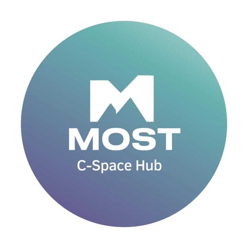 The image features a gradient circle logo with a white 'M' shape at the top, followed by the text 'MOST' and 'C-Space Hub'. The circle's gradient transitions from teal to purple.