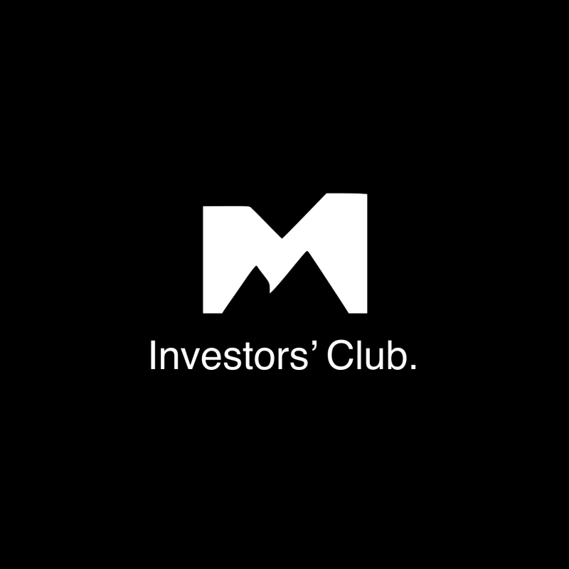The image displays a white logo on a black background, featuring a stylized 'M' above the text 'Investors' Club.'